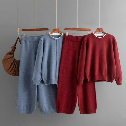 Winter Two Piece Outfit Cozy Knitted Crew Neck Pullover and Relaxed Fit Trousers Casual Fashion Clothing Set
