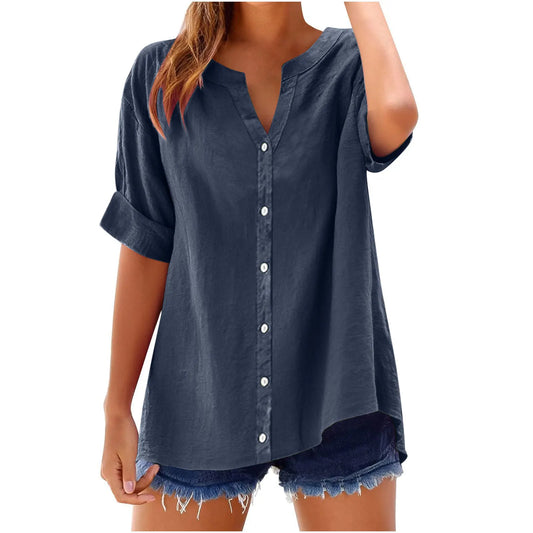 2025 Spring Fall Summer New Shirt Casual Loose Button V-neck Large Short Sleeve Top Women's Shirt