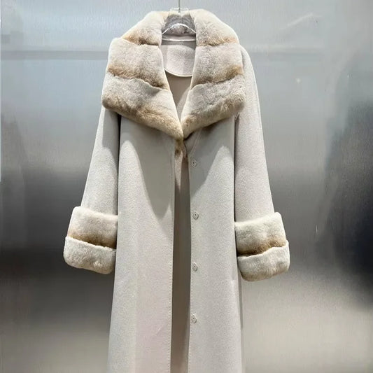 Fashion High End Womens Winter Outerwear Rex Rabbit Fur Coat Wool Long Jacket Overcoats for Women