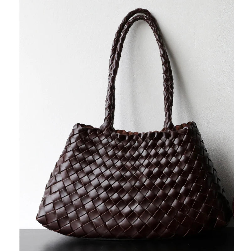 Luxury Tanned Cowhide Genuine Braided Leather Woven Shoulder Bags Large Capacity Soft Hand-woven  Women's Bags with Cotton Pouch