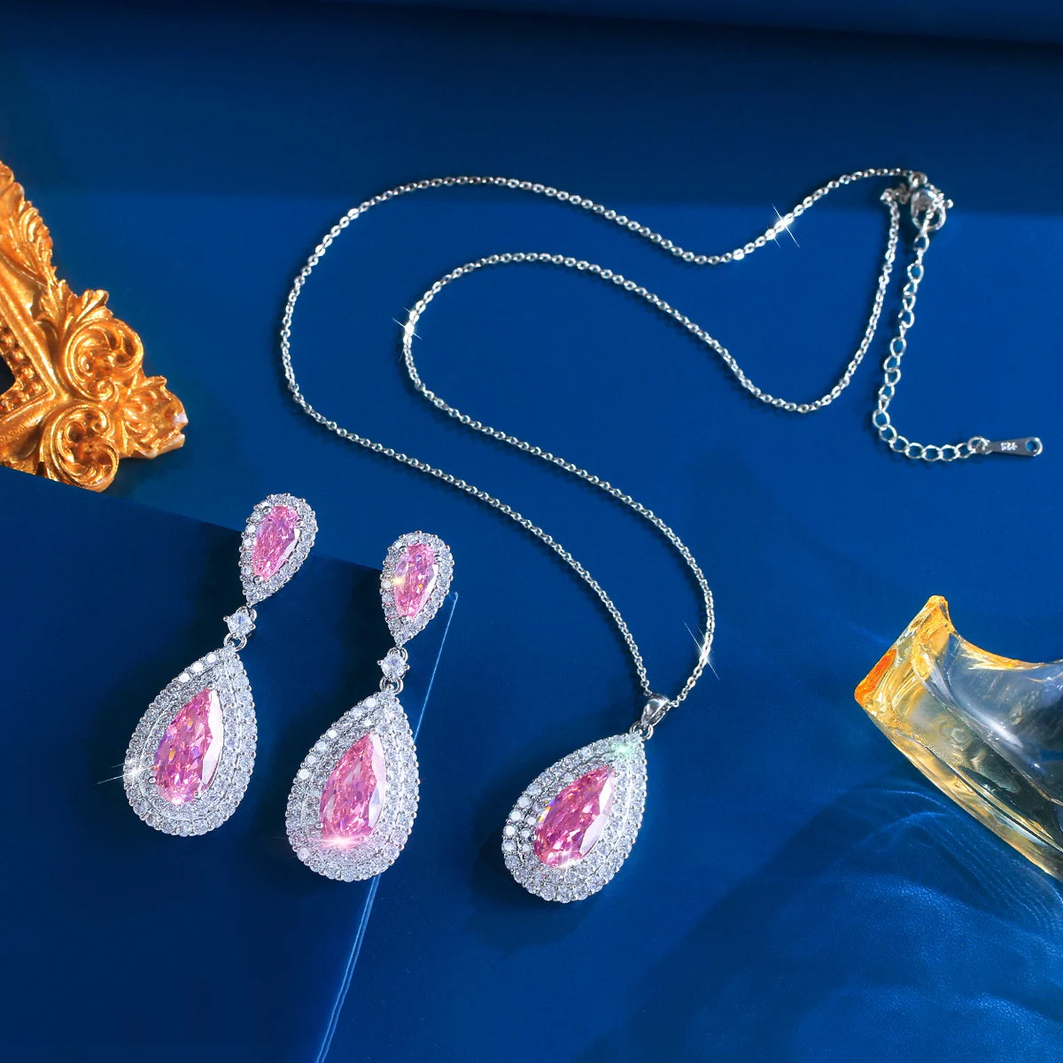 Charming CZ Jewelry Set Yellow Teardrop Dangle Cubic Zirconia Earrings Pendant Jewelry Set for Women Brides Rhodium Plated Gift