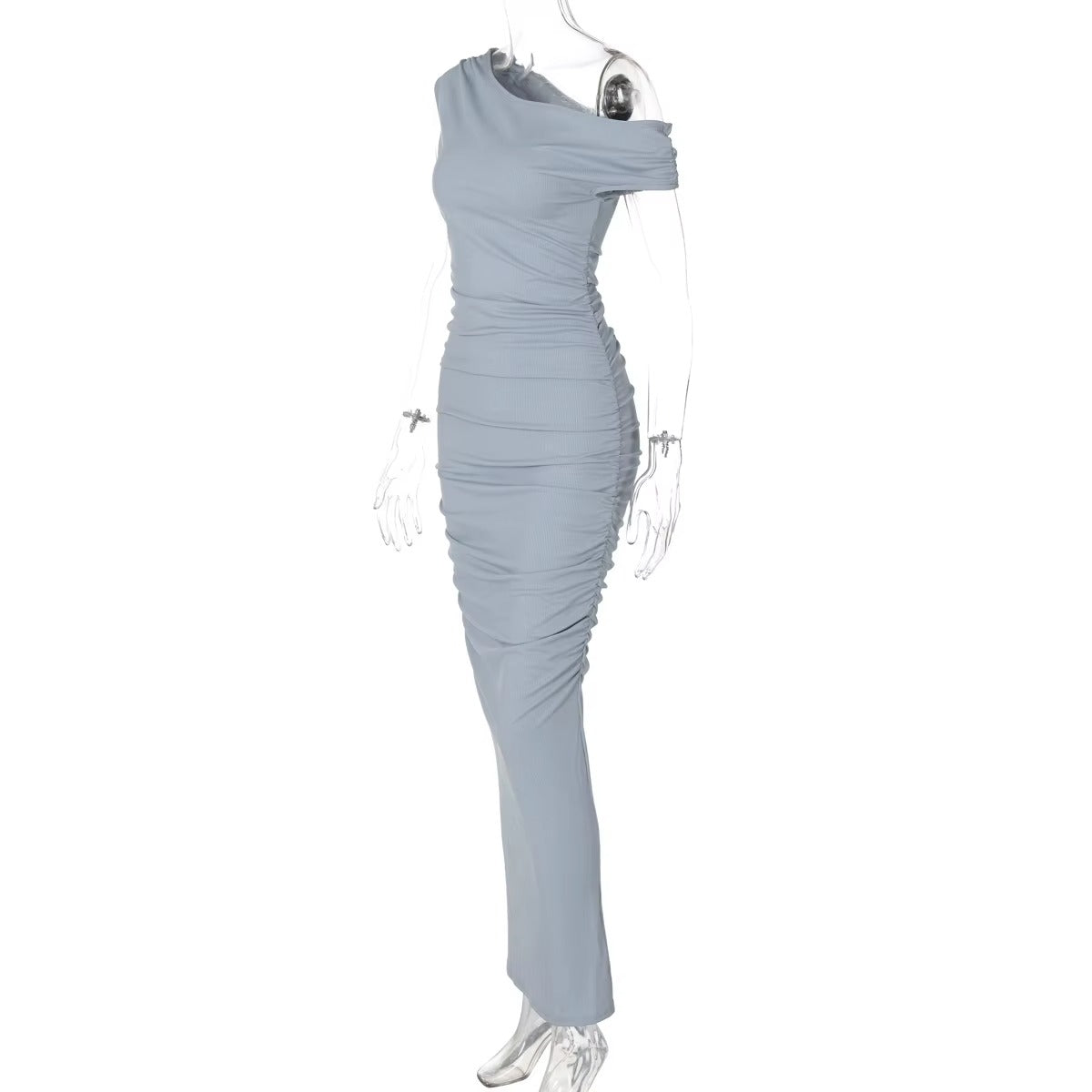 Elegant Bodycon Maxi Vestidos Women Chic Solid Skew Collar Sleeveless Pleated Long Dresses Female New Summer Party Outfits