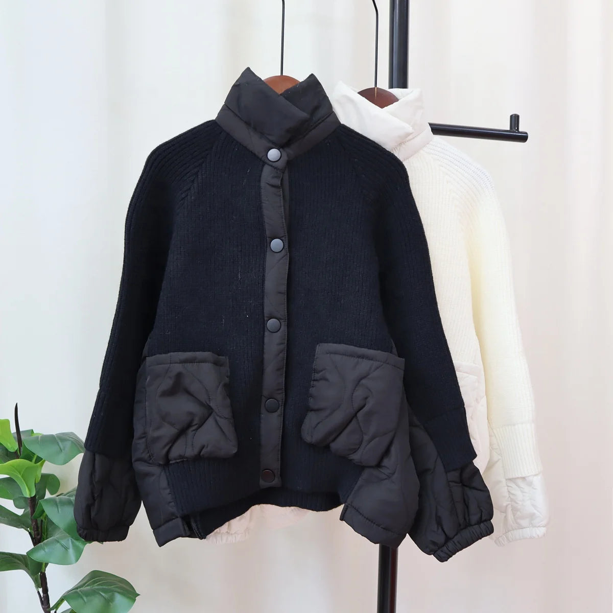 New Autumn Winter Spliced Cotton Jacket Knitted Cardigan Women's Loose Design Sweater Jacket