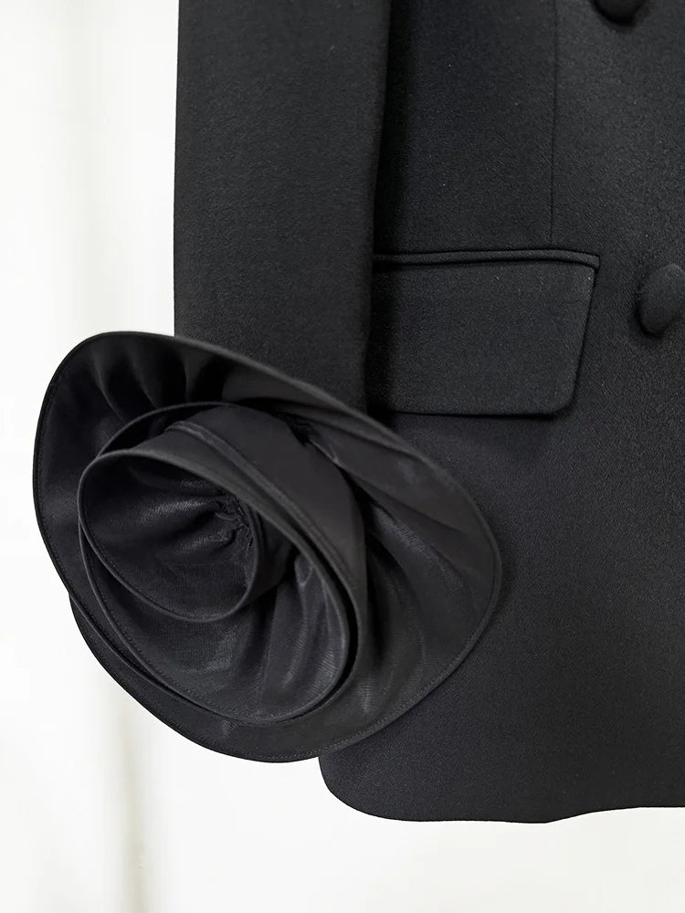 High Quality 3D Flowers Long Sleeve Blazer Spring Black V-Neck Slim Fit Elegant Women Jacket