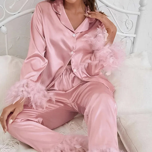 Custom Feather Silk Bridal Robes Satin Pajama Sets for Women