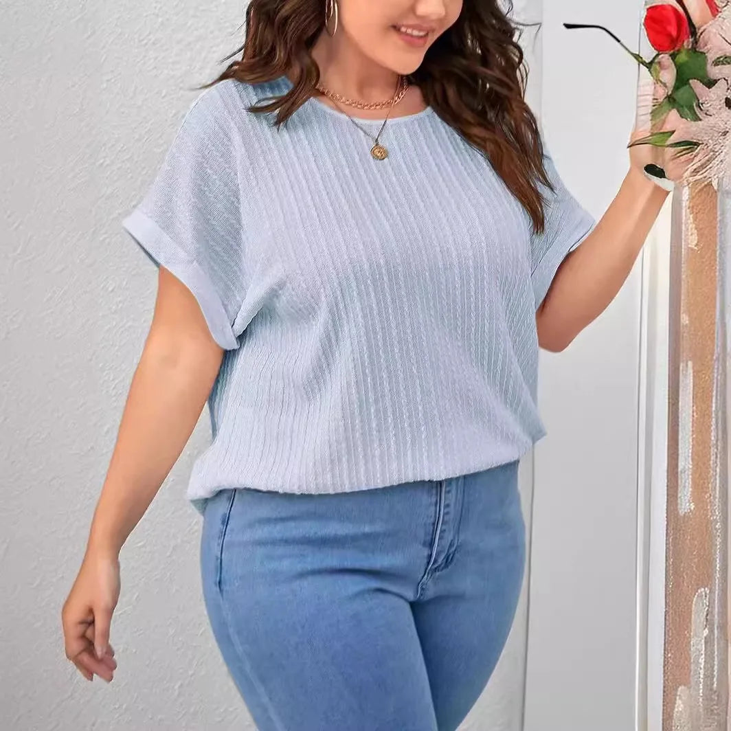 Fashion Women's 2025 Summer New Large Solid Color Short sleeved T-shirt