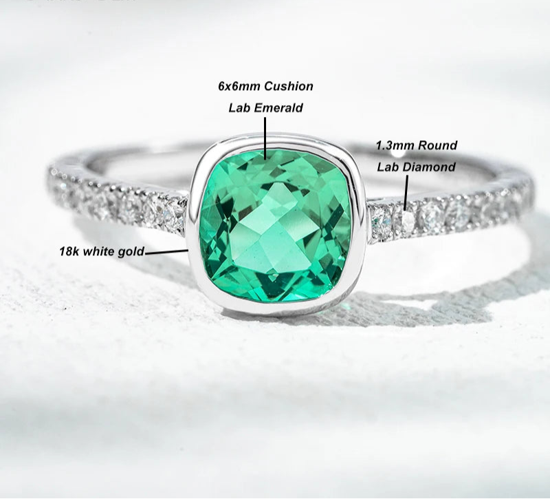 MomentWill Lab Grown Gemstone 18k Solid Gold Ring Lab Emerald Gemstone Engagement Gold Ring