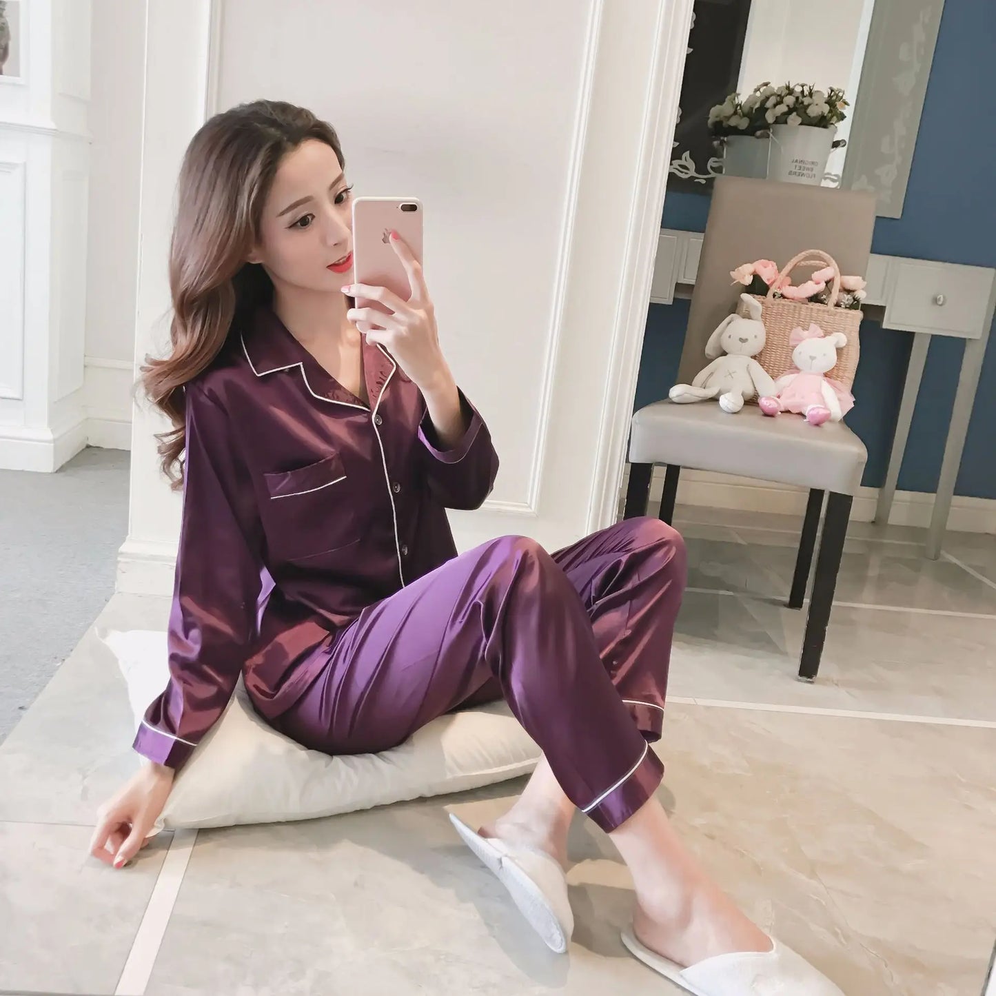 2025 Spring and Autumn New Ladies Large Size Lapel Silk Fashion Pajamas Fat Ladies Ladies Home Wear