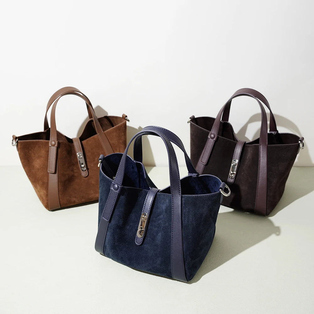 2025 New Suede Leather Bags Winter Frosted Cowhide Women's Bucket Bags Genuine Cowhide Leather Handbags for Women