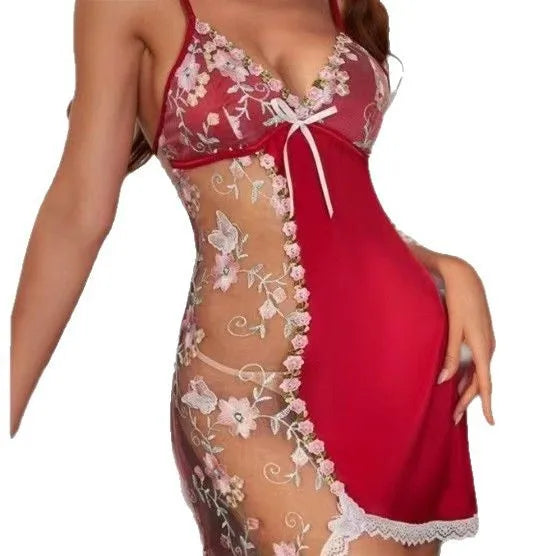 Embroidered Sexy Lingerie, Perspective Sexy Lingerie Set, pink Sexy Garter Belt Three Piece Set
