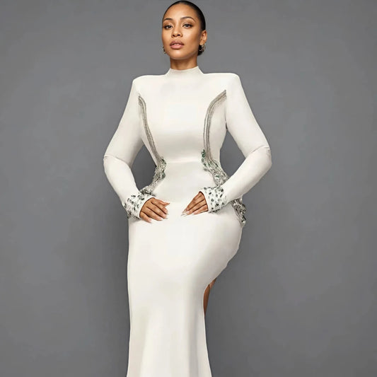 Fashion  High End Luxury Bandage Evening Dresses Women Full Sleeve Rhinestone Bodycon Formal Gown Dress