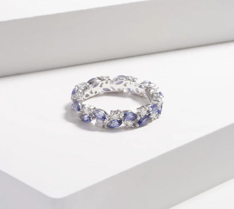 MomentWill 14K Solid Gold Ring Lab Emerald Lab Blue Sapphire Gemstone Wedding Band Ring