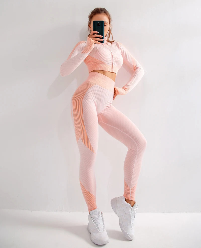 Seamless Yoga Sets Women Fitness Gym Clothing Long Sleeve Shirts High Waist Running Leggings Workout Pants Sports Suits