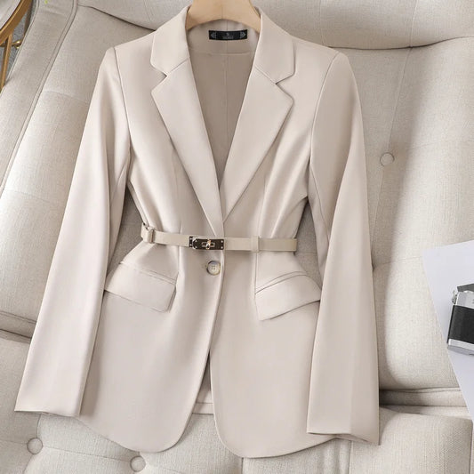 Women Lady Suit Coat Long Sleeve with Belt Office Lady Jacket Solid Color Tops Suit Lapel Lapel V-neck Elegant Coat