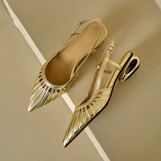 3CM Luxury High Quality Chaussures Pour Femmes Chic Sling back Casual Sandals Gold Low Heels for Ladies