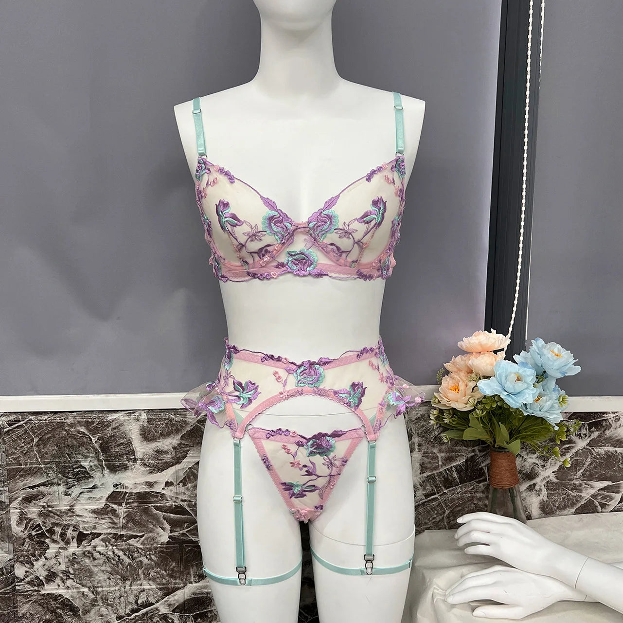Women Sexy Lingerie Purple Embroidery Three Set Hollowed Out Underwear for Women
