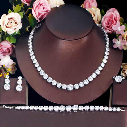 4pcs Round Blue White Cubic Zircon American Wedding Bracelet Necklace Ring and Earring Women Tennis Jewelry Set for Men Women
