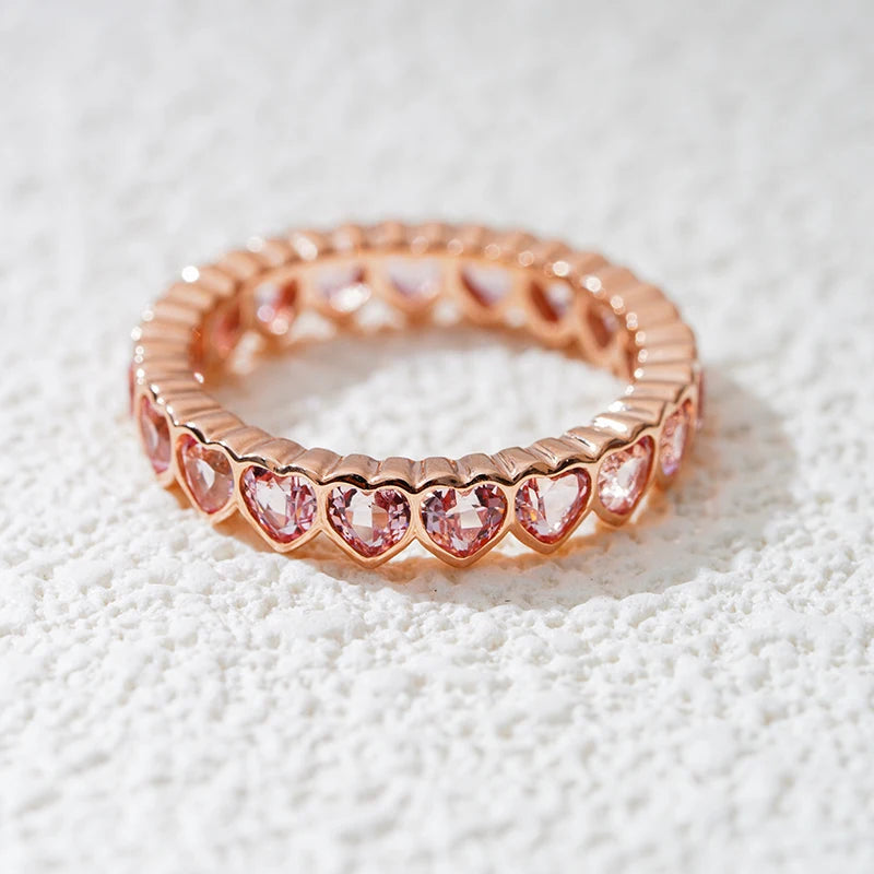 MomentWill 10k 14k Rose Gold Heart-Shape Eternity Diamond Rings Women Solid Vintage  Gemstone Jewelry with Bezel Setting