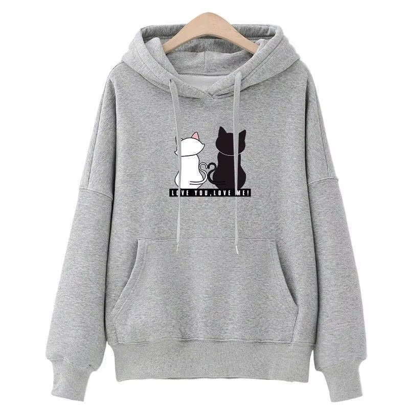 Fashion Printed Long Sleeve Hoodies Women Spring Autumn Hooded Pullover Tops Cartoon Cat Printing Fleece Casual Hoodies
