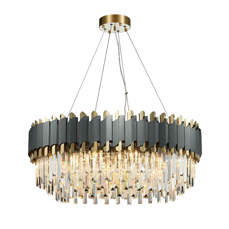 LED Art Deco Black Golden Stainless Steel Crystal Chandelier Hanging Lamp Lighting Lustre Pendant Lighting Fixture for Foyer