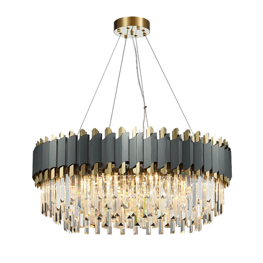 LED Art Deco Black Golden Stainless Steel Crystal Chandelier Hanging Lamp Lighting Lustre Pendant Lighting Fixture for Foyer