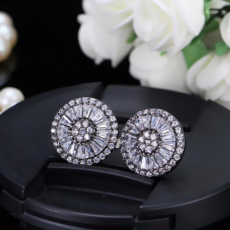 Noble Romantic Dark Blue Crystal Jewelry Luxury Round Cubic Zircon Wedding Big Stud Earrings for Women Party Gift