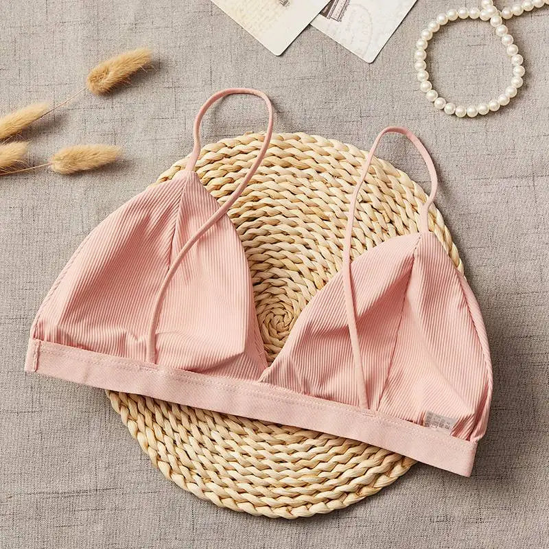 Women Tank Top Triangle Cup Cropped Top Female Seamless Underwear Sexy Lingerie V-Neck Padded Camisole Non-wire Bra Tops
