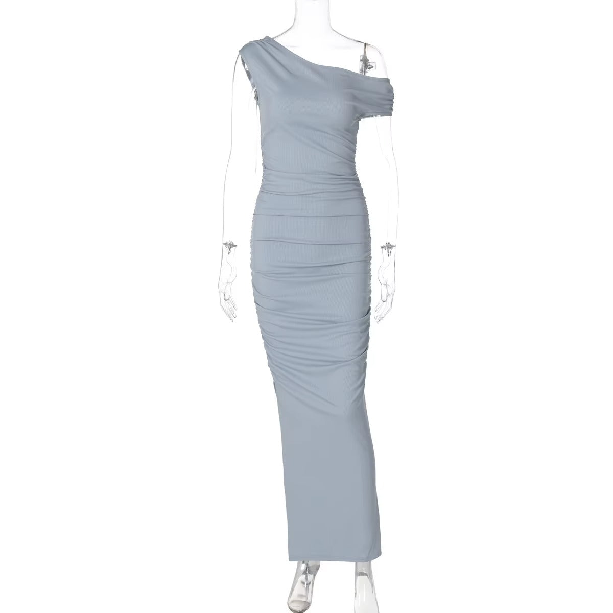 Elegant Bodycon Maxi Vestidos Women Chic Solid Skew Collar Sleeveless Pleated Long Dresses Female New Summer Party Outfits