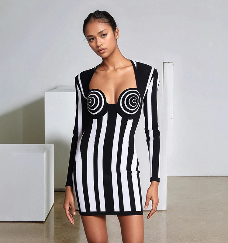 Boutique New Fashion Female Explosive Black and White Vertical Striped Bandage Dress Party Dress