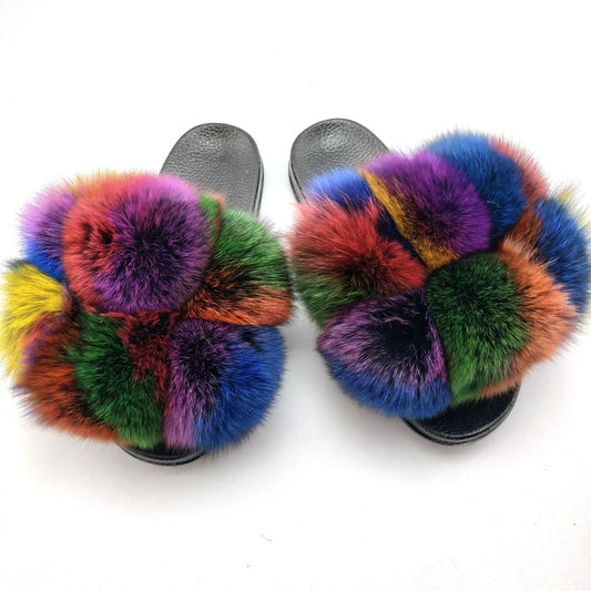Woman Elegantes Adjustable  Slides Fluffy Platform Sandal Rainbow Faux Fur Slippers