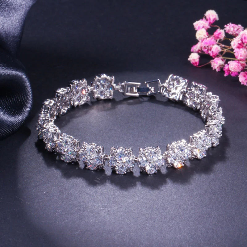 Beautiful Jewelry Silver Plated Cubic Zirconia Stone Light Blue Flower Tennis Bracelet for Women Special Occasions