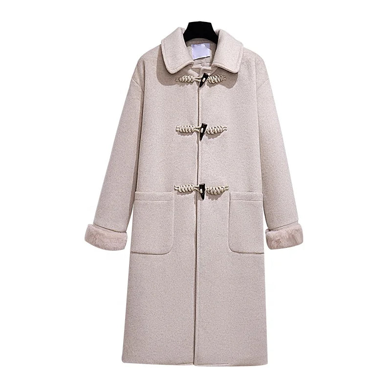 Fluffy Collar Cow Horn Button Woolen Coatwinter New Loose Korean Long  Coat for Women