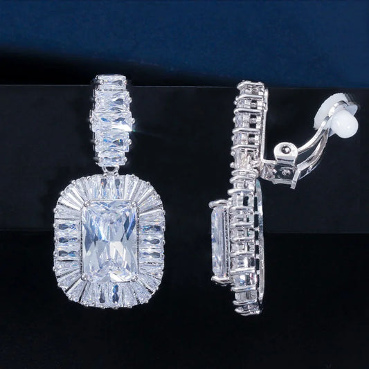 Non Pierced Ear Gorgeous Top Cubic Zirconia Crystal Women Wedding Evening Party Clip on Long Earrings Without Piercing