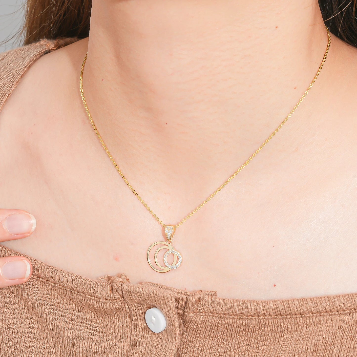 Trendy Design 14K Real Gold Zircon Diamond 3 Clrcle Pendant Necklace Solid Jewelry for Women with 925 Silver Chain