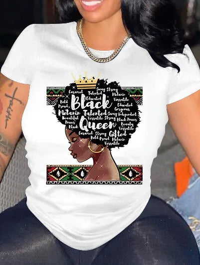 100% Cotton  Black Afro Women Printing Pattern  White T shirt  Women Casual T-shirts Plus Size