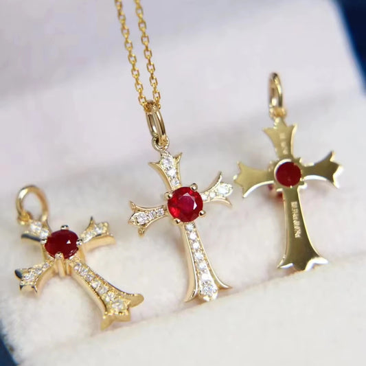 18K Gold Cross Pendant Natural Ruby Diamond Moissanite Jesus Hiphop Birthstone Necklace Pendants Charms