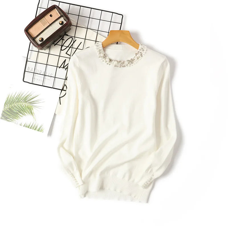 New Autumn Winter Beaded Pullover Sweater Women's Round Neck Long-sleeved Sweater Loose Thin Sweater
