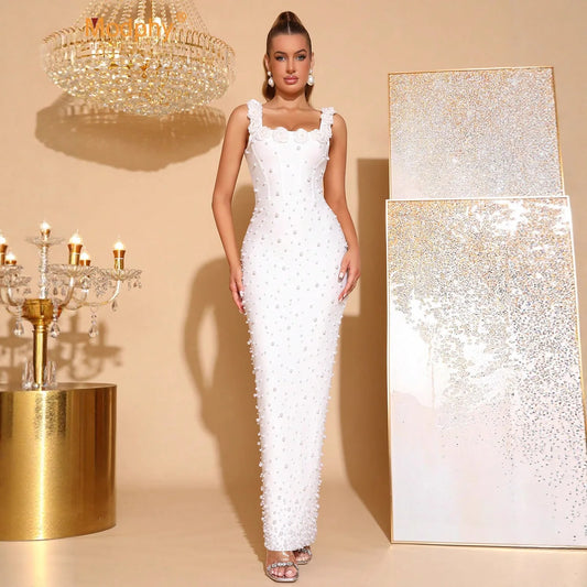 High Quality Beaded Solid Color Bodycon Sleeveless Square-neck Bandage Dress Elastic Sexy Backless Women's Floor-length