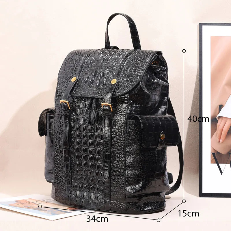 Large Capacity Crocodile Leather Unisex Backpack with Nylon Lining Zipper Closure for Male and Female Travelers and Students