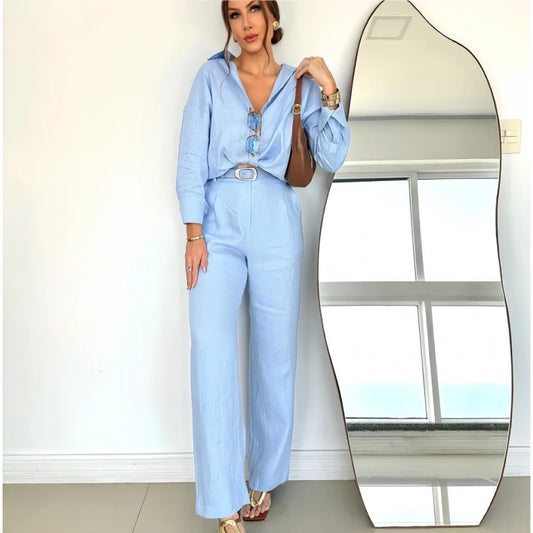 Women's Clothing 2025 New Fashion Cotton and Linen Solid Color Loose Long Sleeved Shirt Casual Suit Pants Two-piece Set