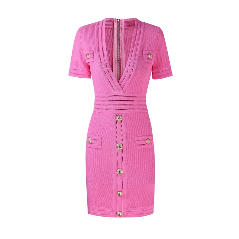 Hot Selling  Quality Short Sleeve V-neck Slim Knitting Casual Sheath Mini Dress Women