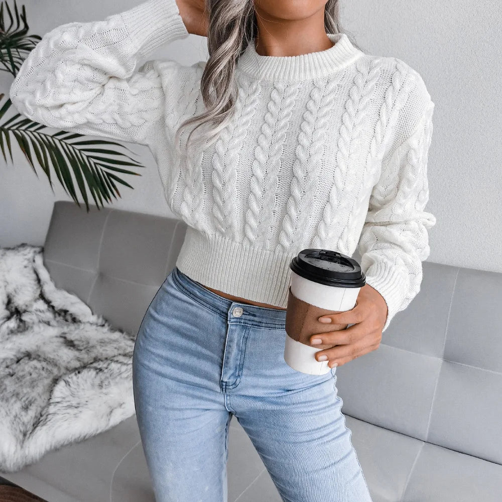 shiny Short Pullover Jumper Women Autumn and Winter New Round Neck Solid Color Knitted Sweater