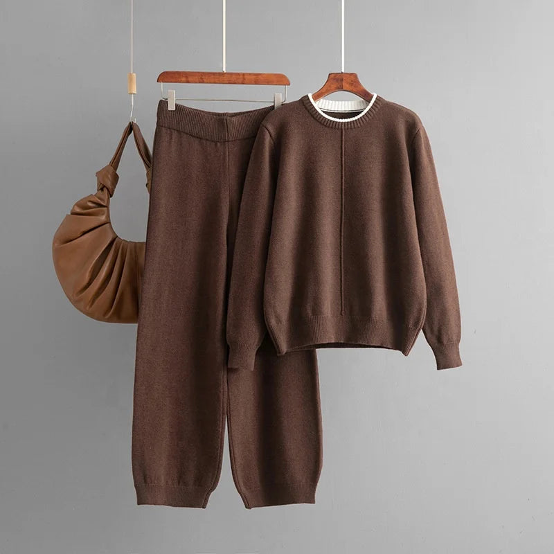 Winter Two Piece Outfit Cozy Knitted Crew Neck Pullover and Relaxed Fit Trousers Casual Fashion Clothing Set
