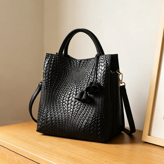 New Arrival Women's Fashion Woven Leather Tote Bag Genuine Cowhide Leather Portable Shoulder Bag for Spring Autumn