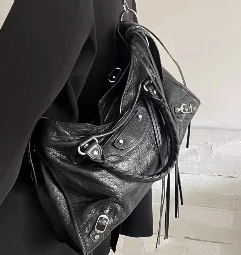 Deluxe Ladies Genuine Leather Hand Bags Purses and Handbags Designer Luxury Rivet Motorcycle Bag Purse for Women