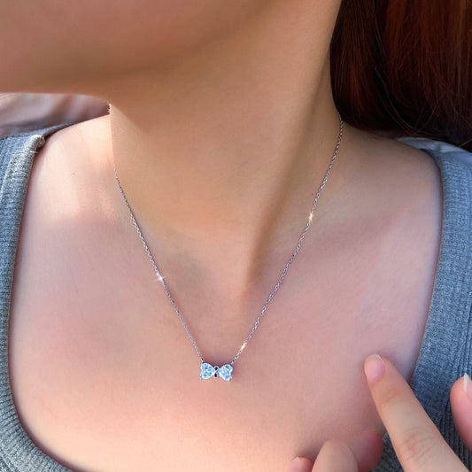 Sparkling S925 Sterling Silver Jewelry Heart Cubic Zirconia Romantic White Bow Pendant Necklace for Women Birthday Dating Gifts