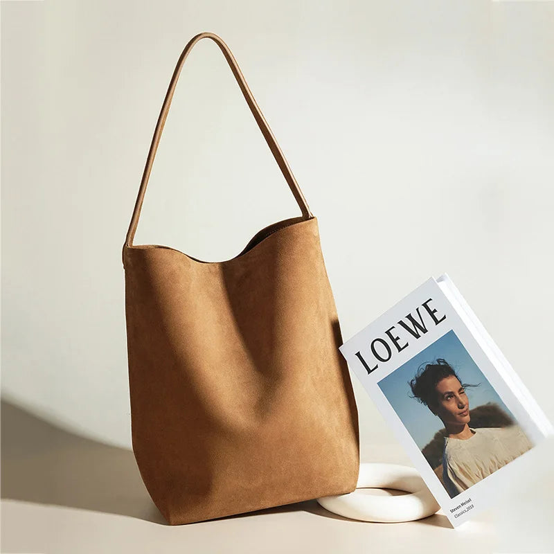 2025 Autumn New Women Suede Genuine Leather Bucket Tote Underarm Shoulder Bag Leather Handbag for Ladies Hand Bag High Quality