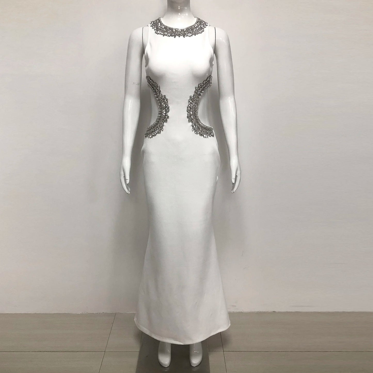 New Elegant Hollow Out Sexy White Bandage Evening Dress Sleeveless Summer Maxi Dress with High Split