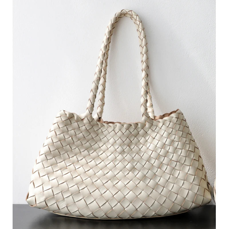 Luxury Tanned Cowhide Genuine Braided Leather Woven Shoulder Bags Large Capacity Soft Hand-woven  Women's Bags with Cotton Pouch