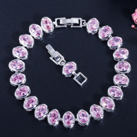 High Quality Stylish Pieces Bezel Setting Oval Cut Cubic Zirconia Pink Tennis Bracelet for Brides Dress Jewelry